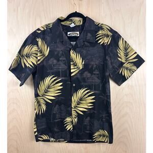 Palmwave Hawaiian Shirt Mens M Black Gold Palm Leaves Aloha Button Up